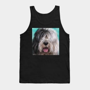 Close Up Painting of a Black and White English Sheep Dog on Blue Background Tank Top